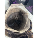 A lace front body wave wavy human hair wig with upgraded pre-plucked hairline natural dark brown and invisible strap