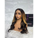 Ombre wavy human hair lace front wig with dark roots golden blonde tips featuring upgraded pre-plucked hairline invisible strap body wave wavy