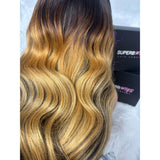 Long wavy human hair extension with dark root gradient blonde ombre in 360 hd lace upgraded pre-plucked hairline wig with invisible strap body wave wavy
