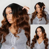 360 HD/Transparent Lace Front Black Ombre Brown Highlight Color Wig with Invisible Strap - Body Wave
