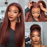360 TRANSPARENT LACE PRE-PLUCKED REDIISH BROWN Color HUMAN HAIR WIGS WITH Invisible Strap- KINKY STRAIGHT