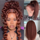 360 TRANSPARENT LACE PRE-PLUCKED REDIISH BROWN Color HUMAN HAIR WIGS WITH Invisible Strap- KINKY STRAIGHT