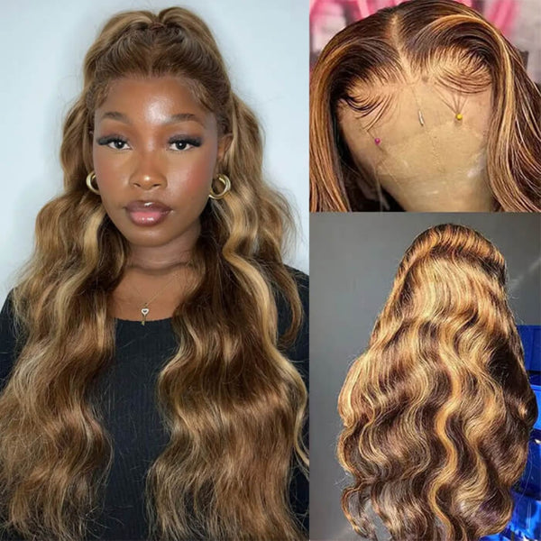 【Upgraded】PreCut 4-Line Invisible Strap 360 HD Lace Highlight Color Wig - Body Wave