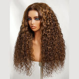 "370 Fitted Cap" HD LACE FRONT Brown Highlight Color WIG WITH Invisible Strap - Water Wave