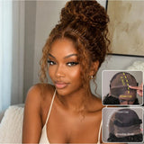 "370 Fitted Cap" HD LACE FRONT Brown Highlight Color WIG WITH Invisible Strap - Water Wave