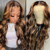 Brown and blonde ombre body wave human hair lace front wig with fitted cap lace and invisible strap for natural part