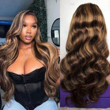 Long voluminous body wave wig with natural dark brown and blonde highlights fitted cap lace and invisible strap