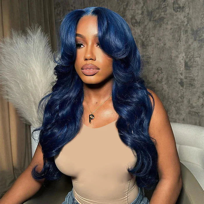 13x4/13x6 Transparent Lace Pre-plucked Hairline 150%180% Dark Blue Color Wig - Body Wave with Curtain Bang