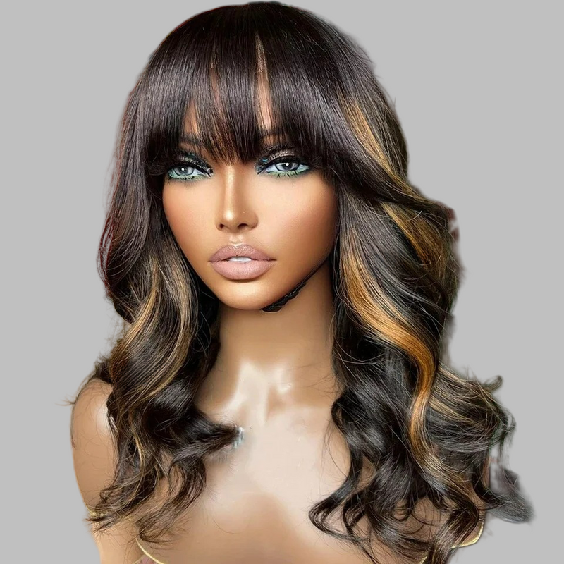 13x4 Transparent Lace Front Light Highlight Color Preplucked  Human Hair Wig - Wavy with Bang