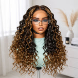 "3D DOME CAP" 9x6 HD Lace Upgraded Hairline C-shape Ear Blonde Highlight Glueless Wig with Drawstring - Bouncy Wander Curl