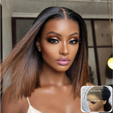 "3D DOME CAP" 9x6 HD Lace Upgraded Hairline C-shape Ear Glueless Ombre Brown Color Wig with Drawstring - Straight Bob