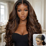 "3D DOME CAP" 9x6 HD  Lace Upgraded Hairline C-shape Ear Glueless Brown Highlight Color Wig with Drawstring - Body Wavy