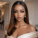 "3D DOME CAP" 9x6 HD Lace Upgraded Hairline C-shape Ear Glueless Ombre Brown Color Wig with Drawstring - Straight Bob