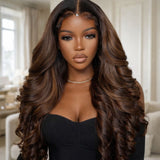 "3D DOME CAP" 9x6 HD  Lace Upgraded Hairline C-shape Ear Glueless Brown Highlight Color Wig with Drawstring - Body Wavy