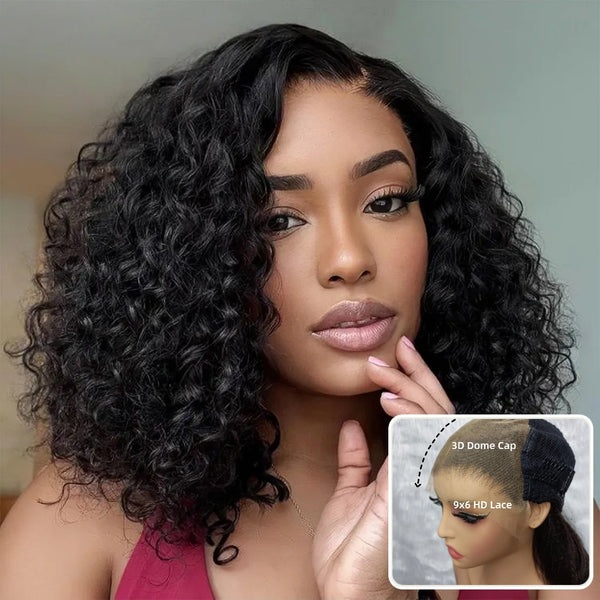 "3D DOME CAP" 9x6 HD Lace Upgraded Hairline C-shape Ear Glueless BOB Wig with Drawcord - Bouncy Deep Curly