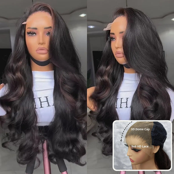 "3D DOME CAP" 9x6 HD Lace Upgraded Hairline C-shape Ear Glueless Highlight Color Wig with Drawcord - Body Wave Wavy