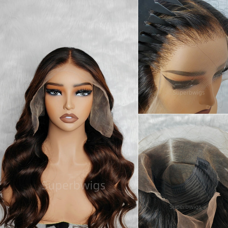 13x6 HD Swiss Lace Upgraded Hairline Pre-plucked 150%180% Ombre Highlight Color Wig - Body Wave Wavy
