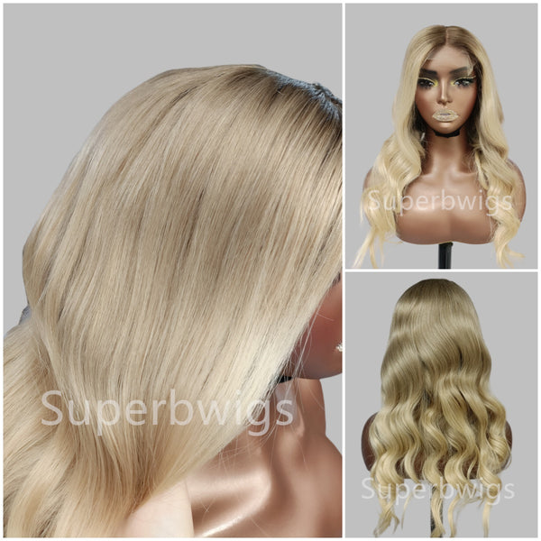 【LUX HAIR】5x5/13x4 HD Swiss Lace Pre-plucked Ash Blonde Ombre Color 180% Human Hair Wig - Wavy