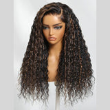 【Upgraded】PreCut 4-Line Invisible Strap 360 HD Lace Golden Brown Highlight Color Wig - Water Wave
