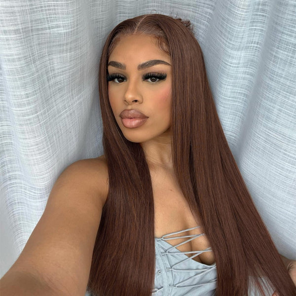 5x5/13x6 Transparent Lace Front Preplucked Chocolate Brown Color Wig - Layered Cut Straight