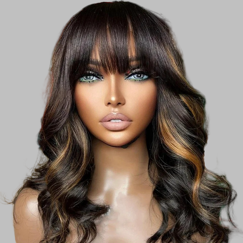 13x4 Transparent Lace Front Light Highlight Color Preplucked  Human Hair Wig - Wavy with Bang