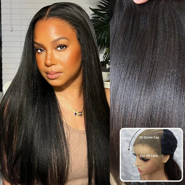 "3D DOME CAP" 9x6 HD Lace Upgraded Hairline C-shape Ear Glueless Wig with Drawcord - Light Yaki Straight