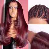5x5/13x6 Transparent Lace Front Preplucked 99j Burgundy Color Wig - Layered Cut Straight