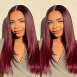 5x5/13x6 Transparent Lace Front Preplucked 99j Burgundy Color Wig - Layered Cut Straight
