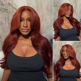 5x5/13x6 Transparent Lace Front Preplucked Reddish Brown Color Face-Framing Curtain Bangs Wig - Body Wave Wavy