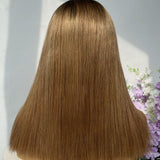 5x5 transparent lace front preplucked ombre color layered wig with long straight chestnut brown silky hair and natural fringe