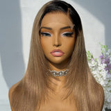 A long straight 5x5 transparent lace front preplucked ombre color layered wig with dark root and lighter brown ends