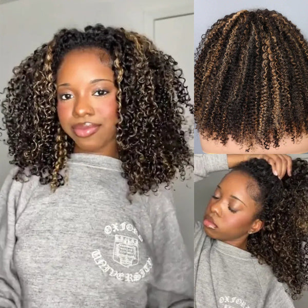 【3 IN 1 Half Wig】 Flip Over Half Wig with Drawcord Wear & Go Glueless Highlight Wig - Kinky Curly