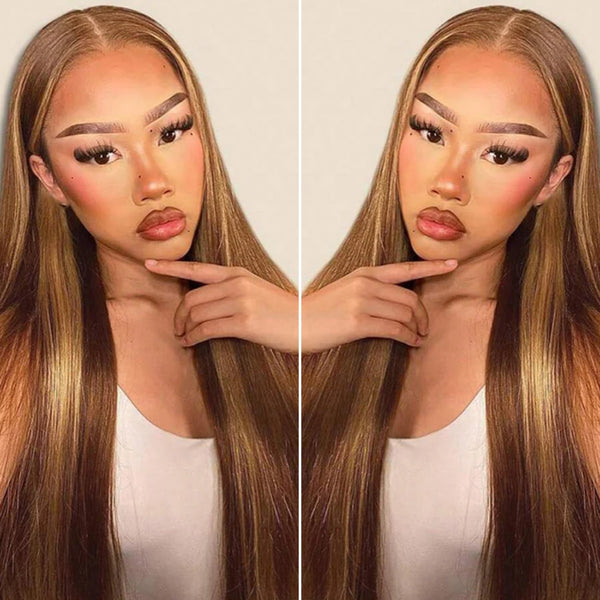【Upgraded】PreCut 4-Line Invisible Strap 360 HD Lace Highlight Color Wig - Straight