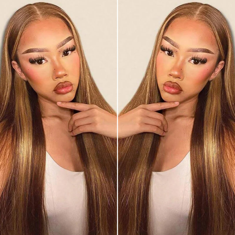 【Upgraded】PreCut 4-Line Invisible Strap 360 HD Lace Highlight Color Wig - Straight