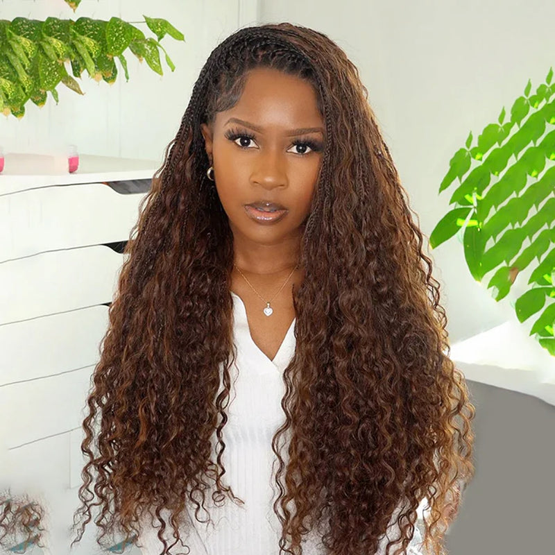 "Fitted Cap" Full Lace Knotless Braided Brown Color Wig with Invisible Strap - Boho Curls