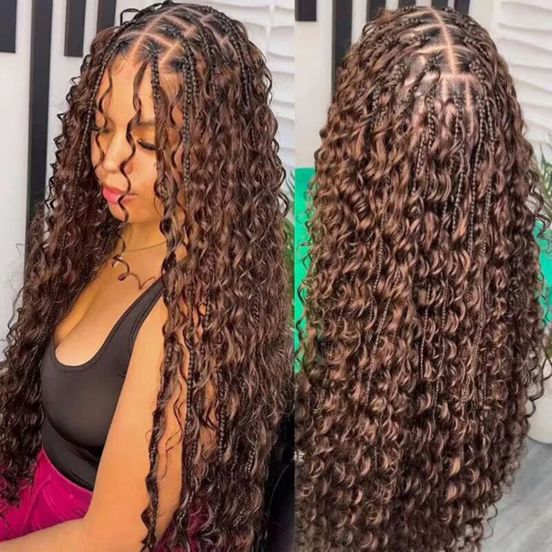 "Fitted Cap" Full Lace Knotless Braided Brown Color Wig with Invisible Strap - Boho Curls