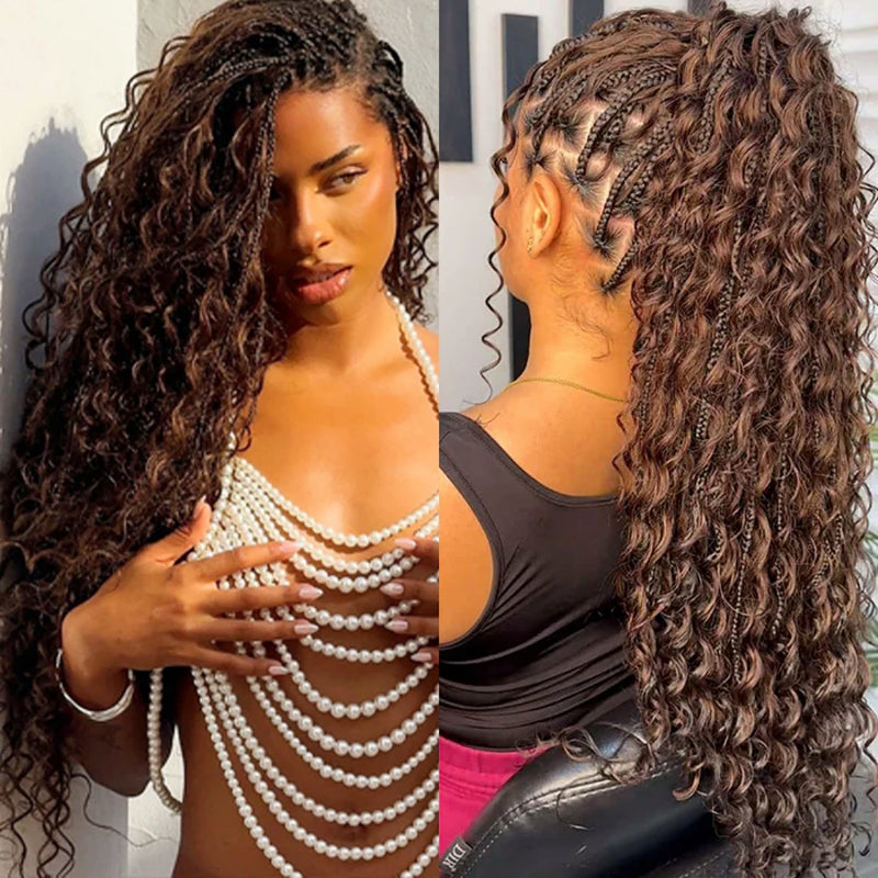 "Fitted Cap" Full Lace Knotless Braided Brown Color Wig with Invisible Strap - Boho Curls