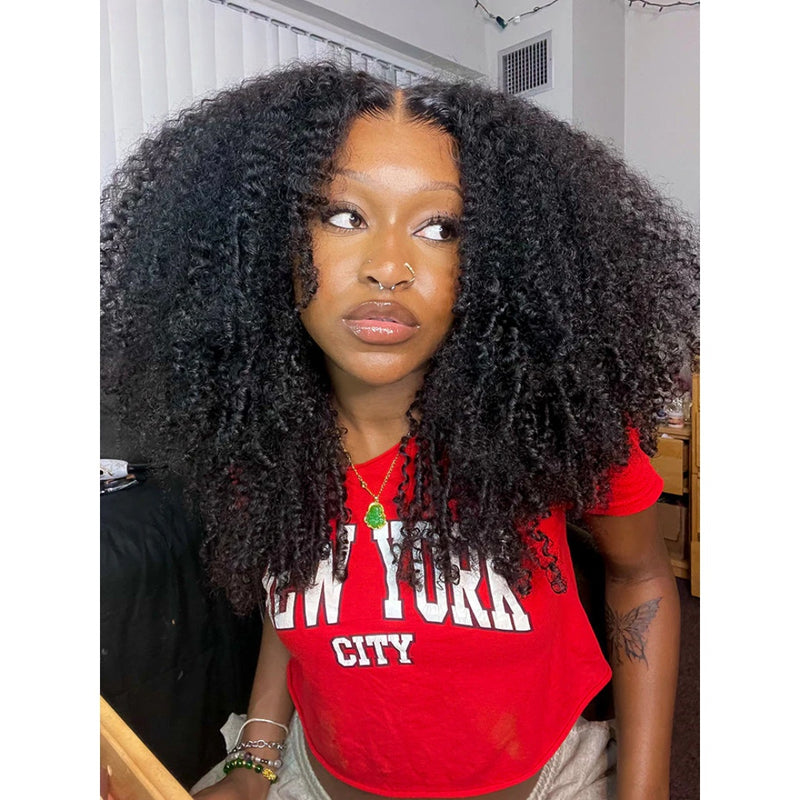 WHOLE LACE NO MESH HD LACE HUMAN HAIR WIG WITH  Invisible Strap - Afro Kinky Curly