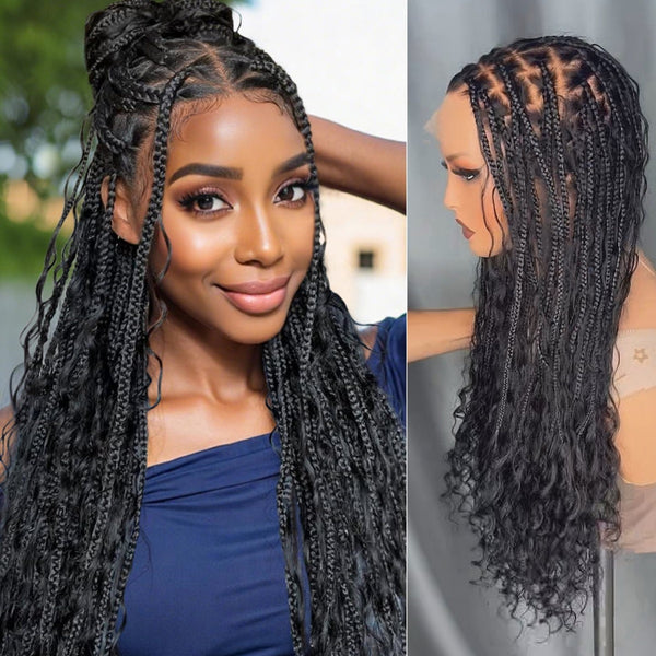 "Fitted Cap" Full Lace Knotless Braided Wig with Invisible Strap - Boho Curls