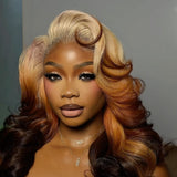 13X6 TRANSPARENT LACE ROOTED BLONDE TO CHESTNUT BROWN OMBRE HUMAN HAIR WIG - BODY WAVE