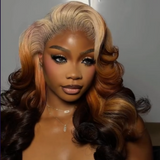 13X6 TRANSPARENT LACE ROOTED BLONDE TO CHESTNUT BROWN OMBRE HUMAN HAIR WIG - BODY WAVE