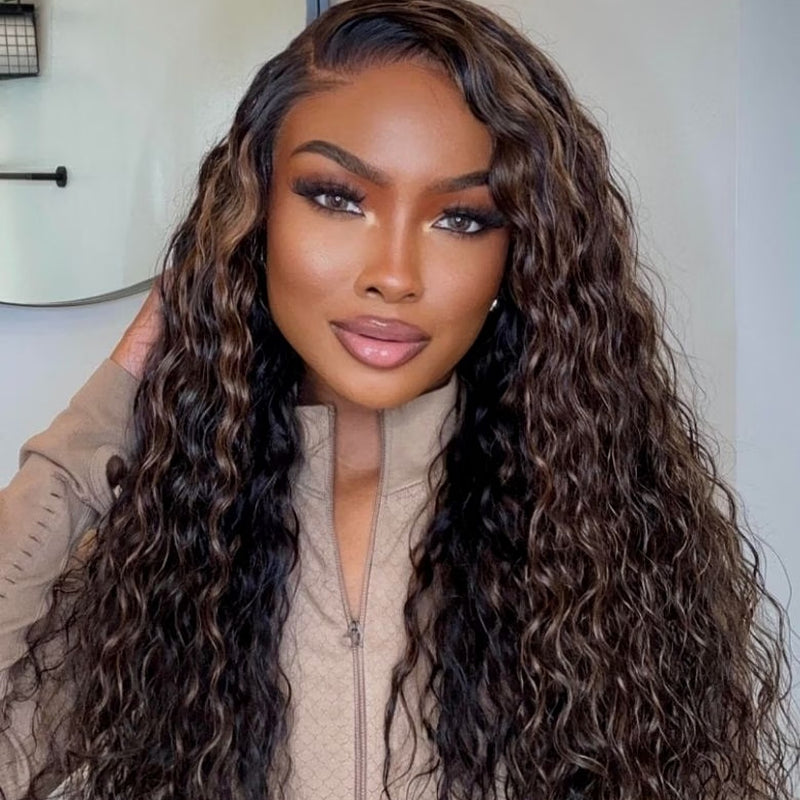 【Upgraded】PreCut 4-Line Invisible Strap 360 HD Lace Golden Brown Highlight Color Wig - Water Wave