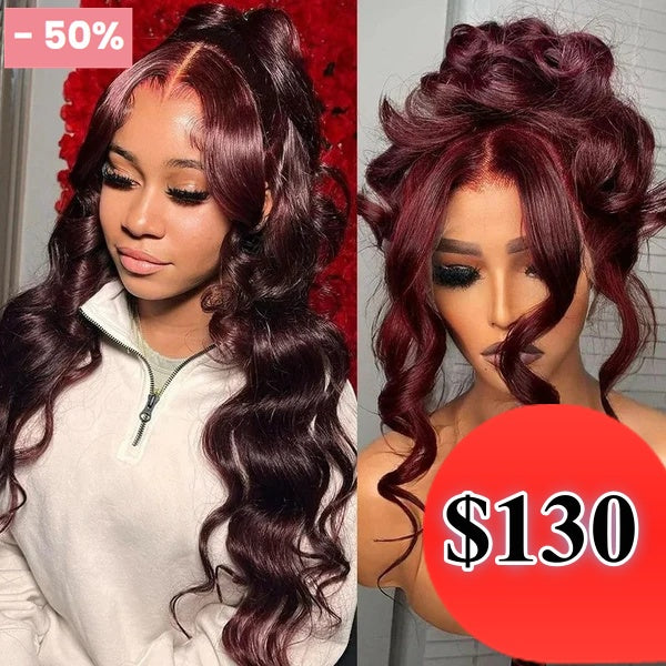 Half Price /// 13x4 Transparent Lace Front Burgundy Wine Color Wig - BODY WAVE