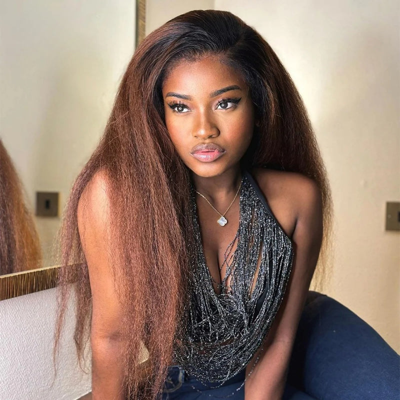 【Crazy Sale】Bye~Bye~KNOTS HD Swiss Lace 13x4 Full Frontal Pre-plucked Ombre Color Wig - Kinky Straight
