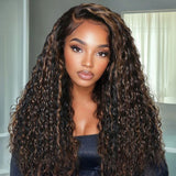 【Upgraded】PreCut 4-Line Invisible Strap 360 HD Lace Golden Brown Highlight Color Wig - Water Wave