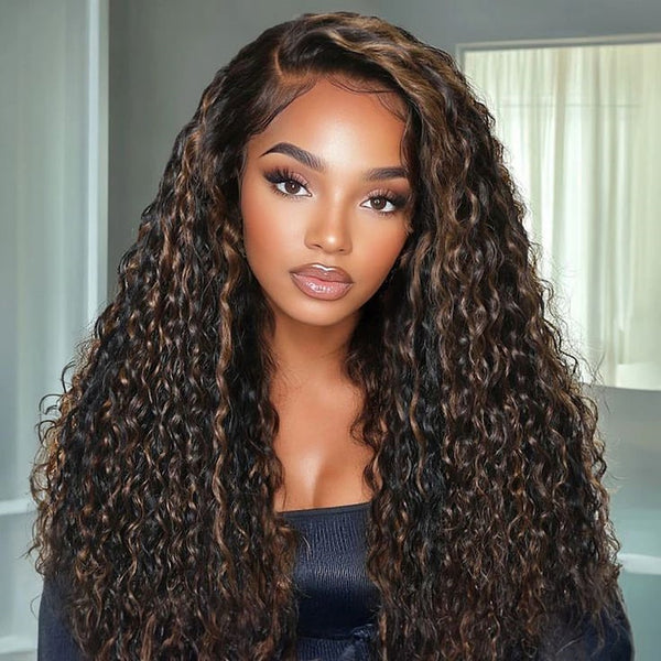 【Upgraded】PreCut 4-Line Invisible Strap 360 HD Lace Golden Brown Highlight Color Wig - Water Wave