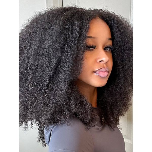 WHOLE LACE NO MESH HD LACE HUMAN HAIR WIG WITH  Invisible Strap - Afro Kinky Curly