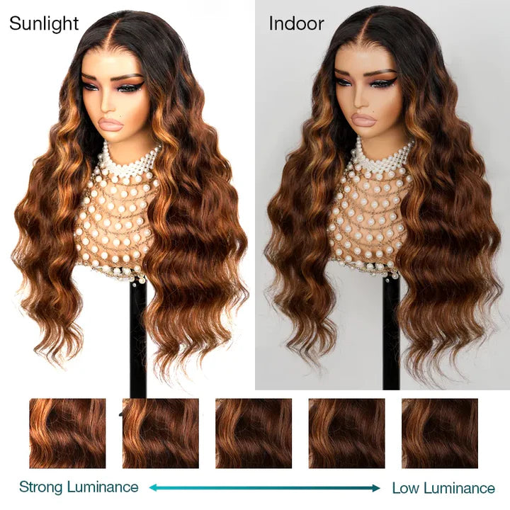 360 HD/Transparent Lace Front Black Ombre Brown Highlight Color Wig with Transparent Drawstring - Body Wave