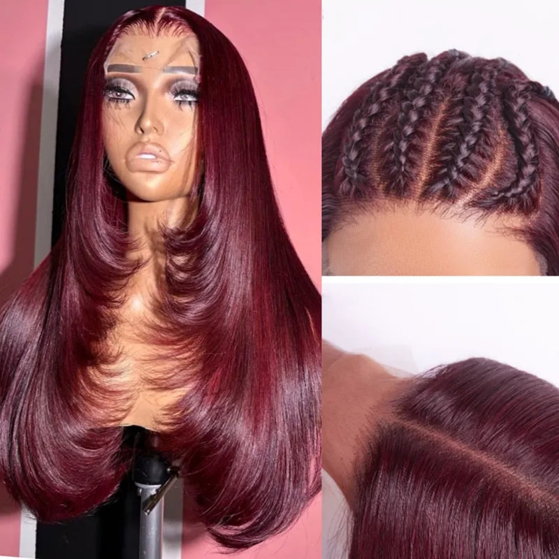5x5/13x6 Transparent Lace Front Preplucked 99j Burgundy Color Wig - Layered Cut Straight