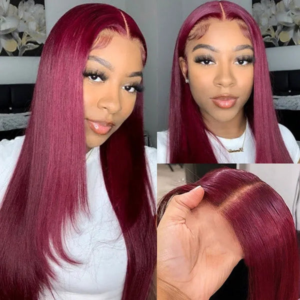 5x5/13x6 Transparent Lace Front Preplucked 99j Burgundy Color Wig - Layered Cut Straight